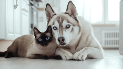 Siberian husky and Siamese cat with matching blue eyes and similar coat colors lying together, symbolizing friendship, harmony, and unique beauty, perfect for themes of companionship, pet love