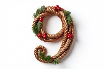 Intertwined christmas decorations number “9”, realist precision, high saturation, beautiful, inspiring, isolated, flat white background