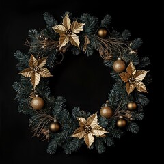 Black background featuring gold embellishments forming an elegant wreath. Includes pine cones, leaves, and metallic gold balls, creating a festive atmosphere for celebrations or special events.