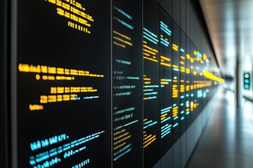 Fototapeta premium Colorful digital code display on a sleek wall in a modern tech environment.