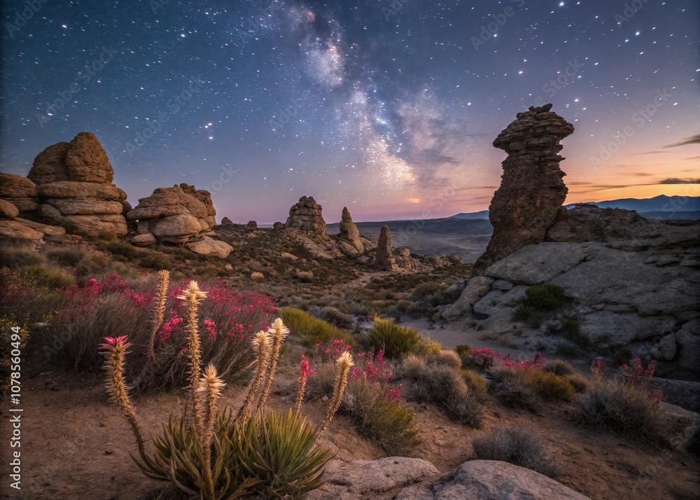 Poster mysterious extraterrestrial landscape with alien structures and stars in the night sky, captured usi