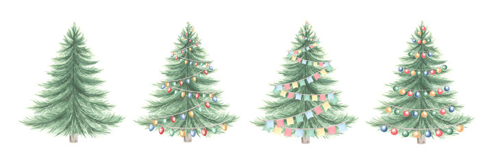Christmas trees with lights garlands, balls and flags. Set of New Year's festive decorations. Hand drawn watercolor illustrations isolated. Winter holiday clipart. Template for card, print, wrapping.