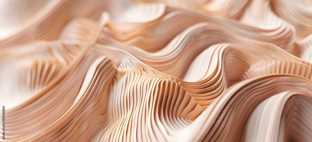 Poster the background is a light pink, with layered paper strips forming an abstract pattern of undulating 