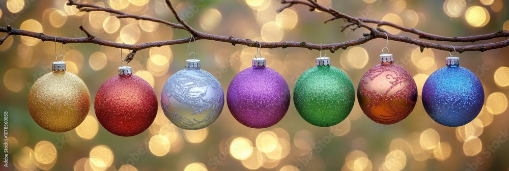 Poster vibrant ornaments of various colors adorn a branch, adding a cheerful touch to the holiday season wi