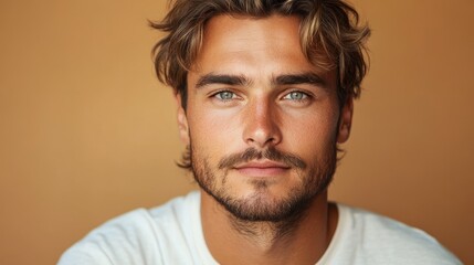 portrait of attractive caucasian man 35 years old on beige background