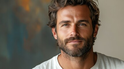 Fototapeta premium portrait of attractive caucasian man on beige background