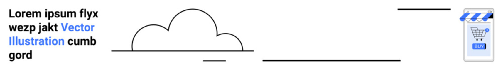 Cloud sits above a horizontal line, lorem ipsum placeholder text is next to a blue shopping cart icon. Ideal for web design, apps, marketing, education, business, e-commerce, blogs. Landing page