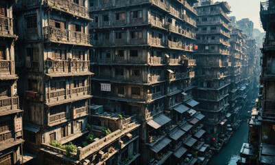 Obraz premium An aerial view of a dense urban neighborhood in China, with tall buildings lining a narrow canal