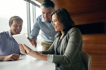 Business, people and happy with tablet at office for advice, consultation and discussion on...