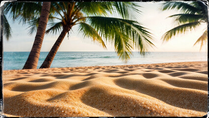 ビンテージ調で描かれたヤシの木と熱帯の砂浜が広がる懐かしいビーチの風景。生成AI