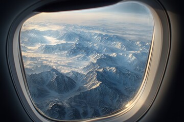 Naklejka premium Aerial view of a snowy mountain range. Perfect for travel, adventure, and nature themes.
