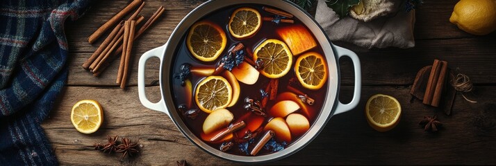 Warm spiced apple cider with cinnamon and orange slices on a rustic wooden table during winter