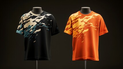 A pair of creative shirts with vibrant splatter patterns in black and orange hues, offering an...