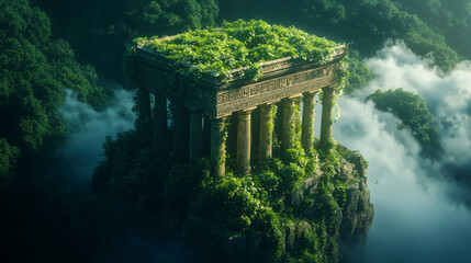 Ancient temple overgrown with lush greenery in misty landscape
