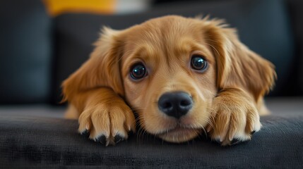 Adorable golden retriever puppy with big blue eyes resting head on paws while looking up with pleading expression, copy space