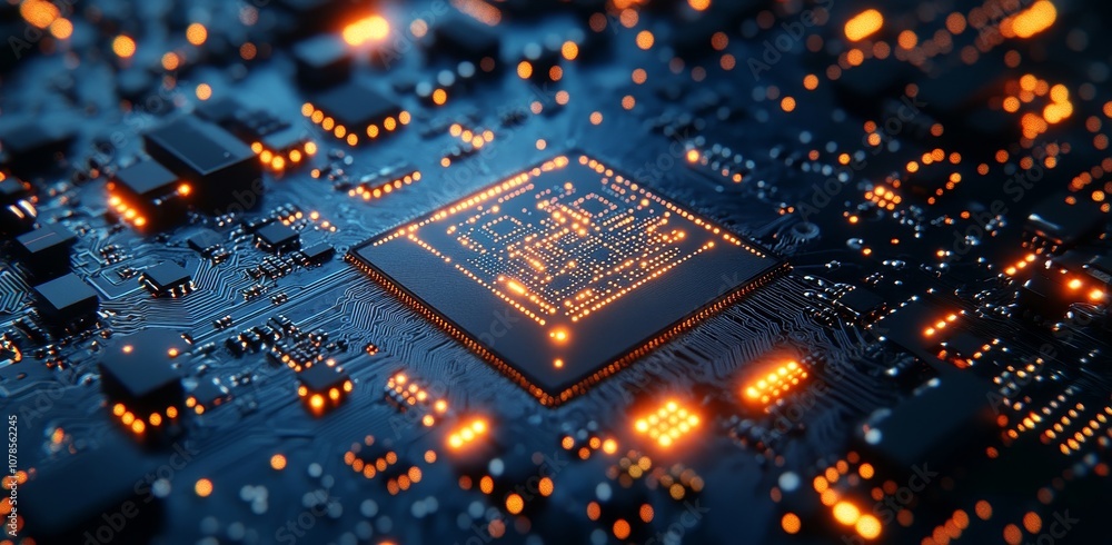 Poster illustration of a futuristic horizontal digital background with digital circuit networks and glowing
