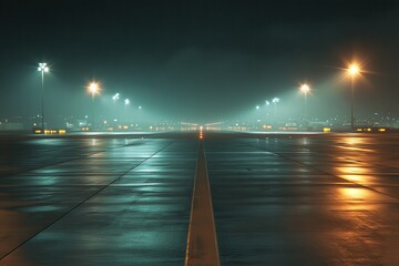 Empty runway at night with fog. This image shows the runway at night, creating a moody atmosphere perfect for background use.