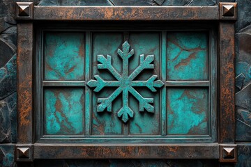 Teal metal panel with a carved snowflake design surrounded by weathered textures blending rustic charm with holiday sophistication