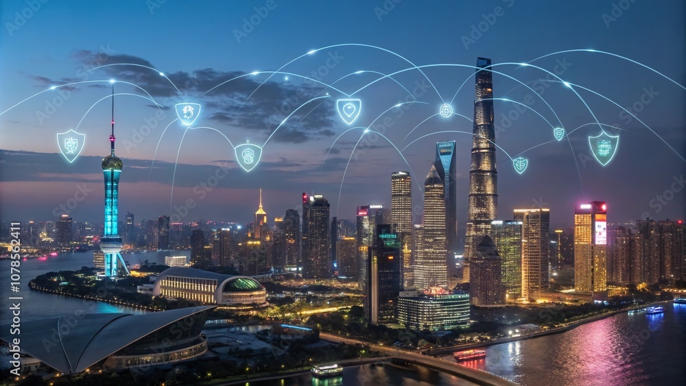 Poster night photography of a secure digital network with futuristic cybersecurity elements illuminating th