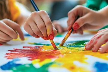 Children Painting with Brush on Canvas