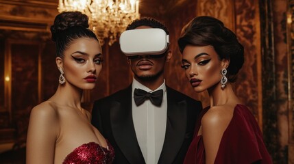 Richly dressed trio in opulent setting with VR gear.