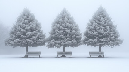 Fototapeta premium Snow-Covered Pine Trees & Benches in a Tranquil Winter Fog