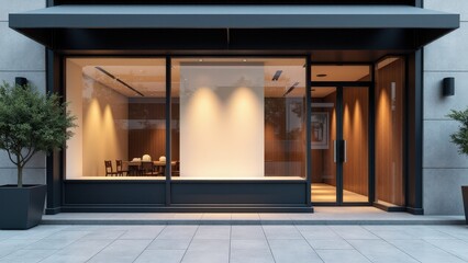 Realistic storefront mockups with glass windows and blank signage area, ideal for urban retail branding.
