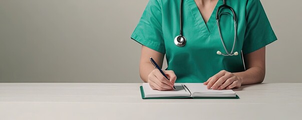 A healthcare professional in green scrubs writes notes with a stethoscope nearby, symbolizing medical practice and patient care.