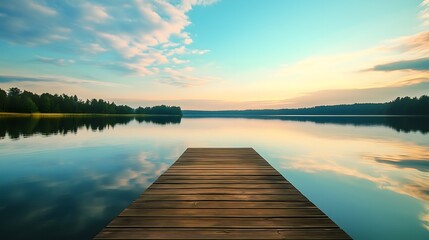 Naklejka premium Wooden dock extending over calm lake with perfect sky reflection during sunset against forest shoreline, copy space