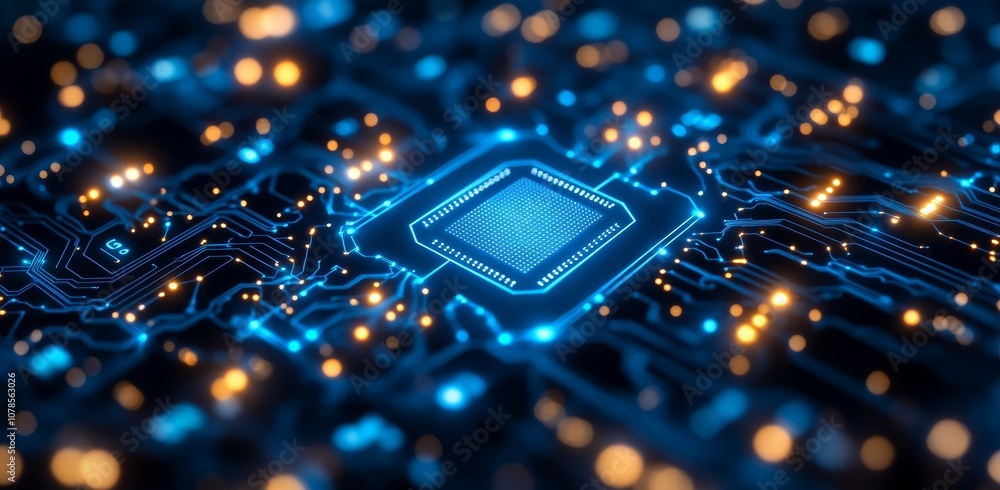 Poster modern digital circuit network and grid line on futuristic horizontal high technology background. di