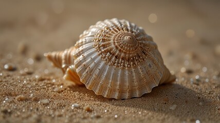 A close-up of a seashell on the sand with the sun shining on it.