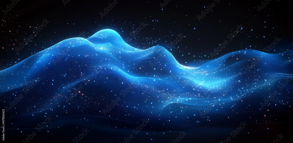 Poster illustration of a waveform or wireframe with an abstract futuristic digital technology background.