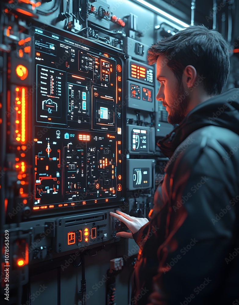 Poster a man interacts with a futuristic control panel illuminated by red lights.