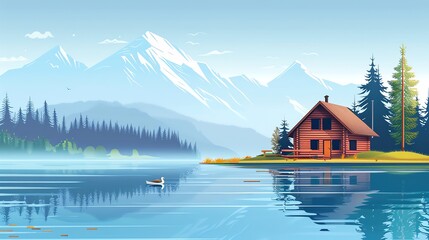 Fototapeta premium A cartoon illustration of a cabin in the mountains with a lake in the foreground.
