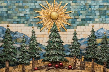 Obraz premium Mosaic winter scene with pine trees golden sun and snow capped mountains blending natural serenity and festive charm in a textured design