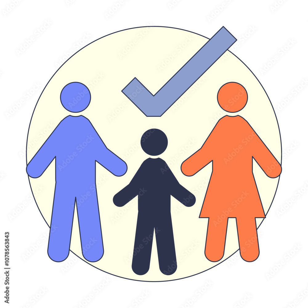 Poster silhouette of a family with a check mark symbolizing approval or unity.