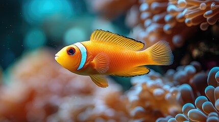 Obraz premium A vibrant orange and white clownfish swims through the coral.