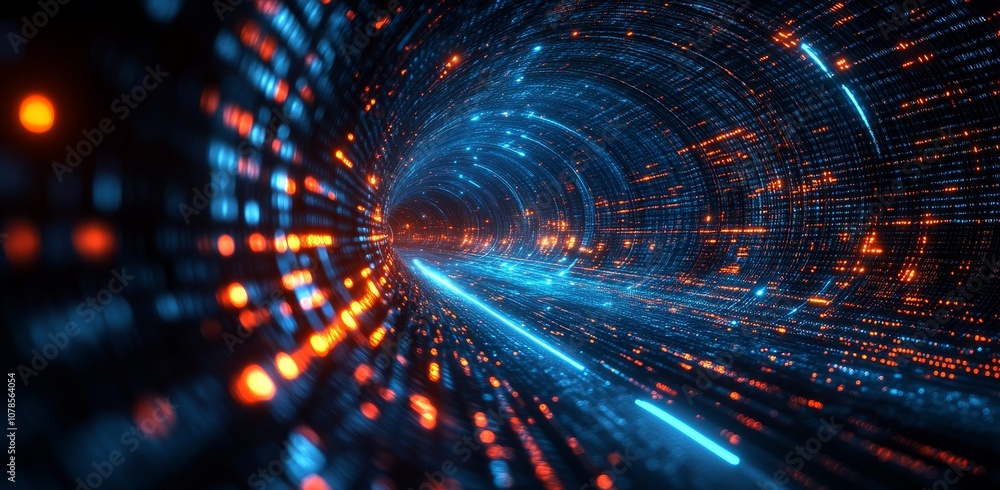 Poster conceptual illustration of futuristic digital tunnel head-up display for hi-tech technology backgrou