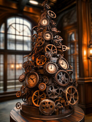 Steampunk clockwork Christmas tree in vintage interior