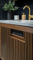 Stylish bathroom sink with brass faucet and wooden cabinetry in modern design setting