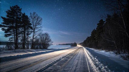 Naklejka premium Nighttime Winter Road with Blinding Lights on Icy Surface: A Chilling Landscape Photography Experience Capturing the Essence of Frozen Journeys Under the Stars