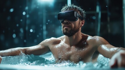 A man sitting in a hot tub wears a VR headset, blending relaxation with advanced technology, symbolizing leisure, modern innovation, and digital relaxation.