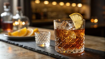 Old-Fashioned Whiskey Glass with Ice and Lemon Twist Under Bar Lighting, Showcasing Intricate Glass Pattern