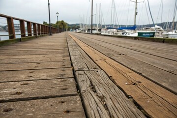 Fototapeta premium Old Harbour Dock Floorboards in Perspective, Brown Wooden Decking with Gaps, Perfect for Coastal or Nautical Themes with Copy Space for Text or Graphics