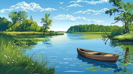 Obraz premium A cartoon illustration of a serene lake with a small wooden boat and a blue sky with white clouds above.