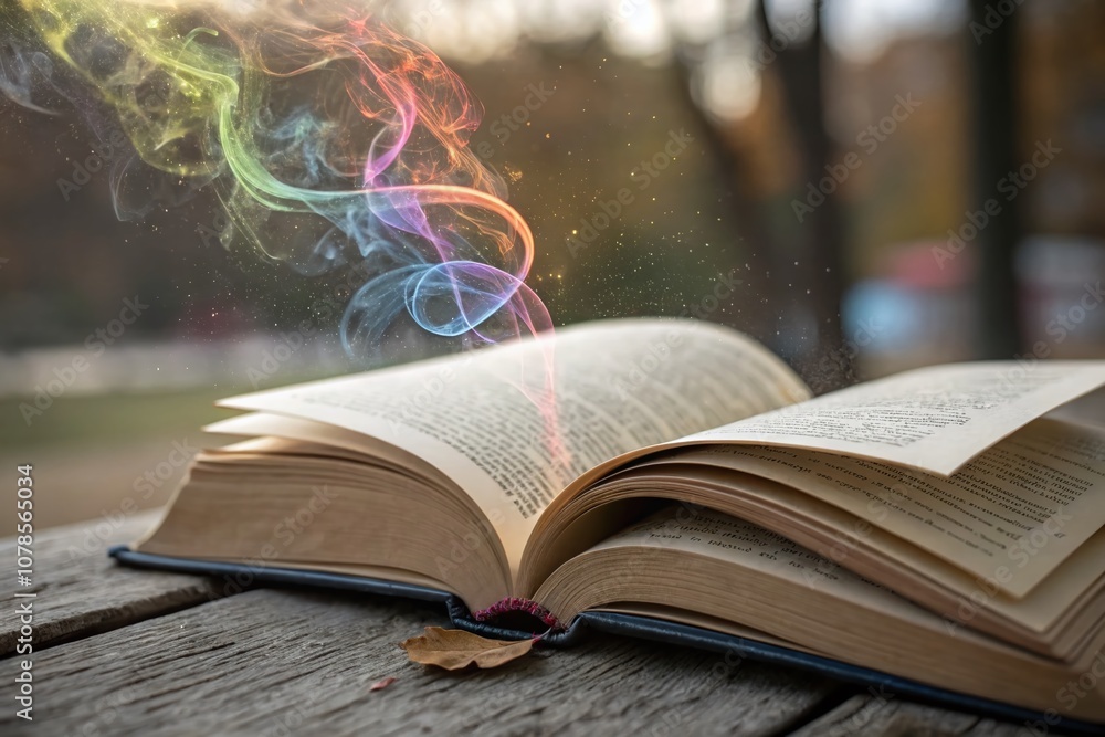 Poster open book with colorful energy swirls capturing the essence of imagination and knowledge in a macro 