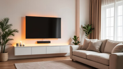 living room interior with a large soft sofa and a large TV