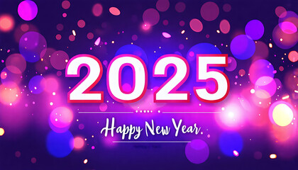 Vibrant New Year celebration with '2025' in sparkling glitter font, set against a colorful bokeh background of pink, purple hues, radiating joy and festivity. generative ai