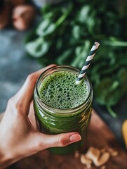 Green Smoothie with Straw and Fresh Ingredients