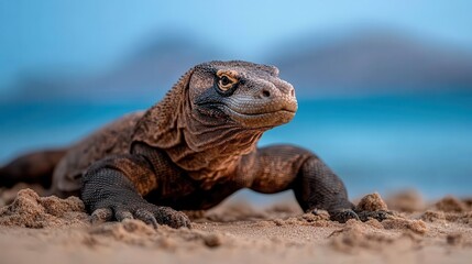 Obraz premium A close-up view of a majestic Komodo dragon lying on a sandy beach, showcasing its detailed scales and powerful presence against a blurred natural background and clear sky.